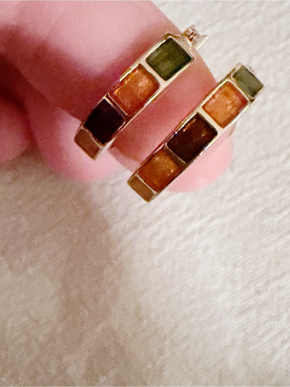 Gold Tone Tiny Hoop Earrings with Multicolor Inlay | Minimalist Huggie Hoops - Picture 4 of 8